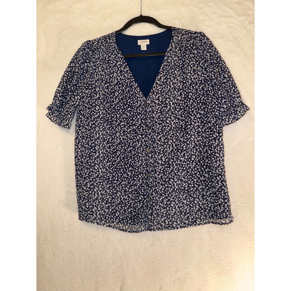 J.Crew‎ Women XS Navy Blue White Floral V-Neck Button Down Short Sleeve Blouse